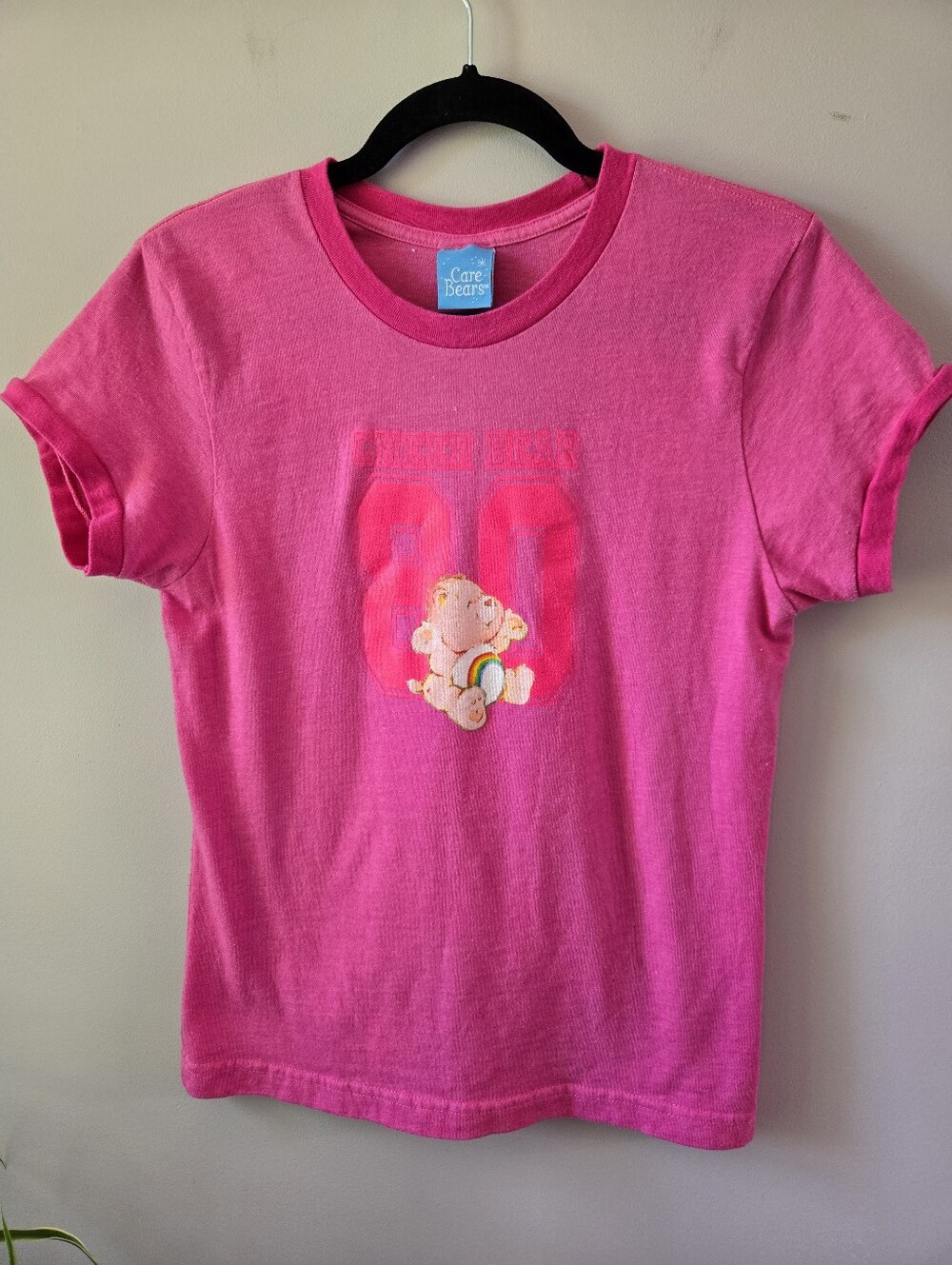 💖 VINTAGE Y2K Care Bears "Cheer Bear" Hot Pink Ringer Tee 🌈